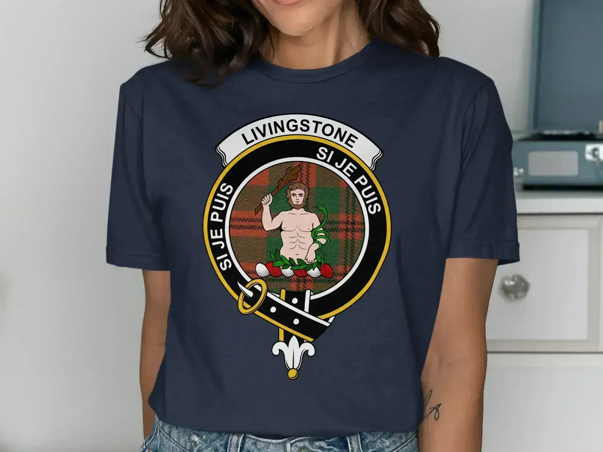 Livingstone Si Je Puis crest t-shirt — royal blue, front view showing printed clan crest
