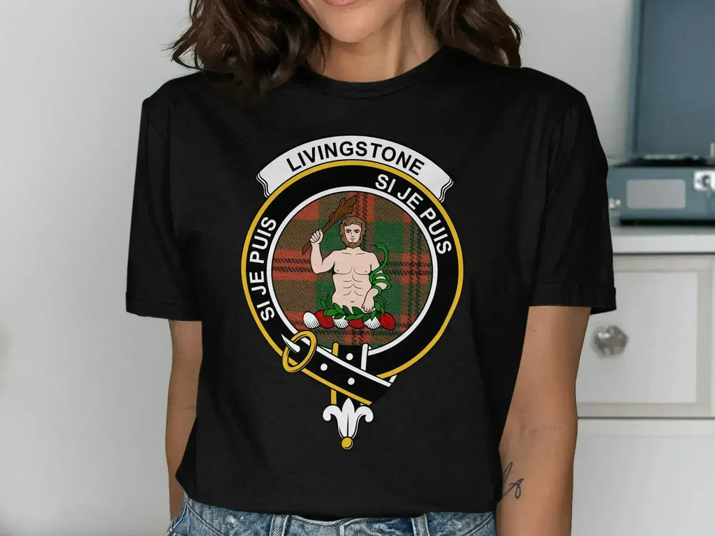 Livingstone family crest t-shirt — forest green with printed heraldic illustration on chest