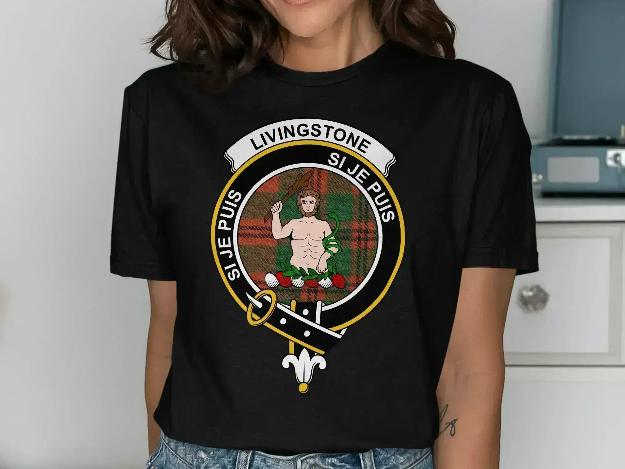 Livingstone family crest t-shirt — forest green with printed heraldic illustration on chest