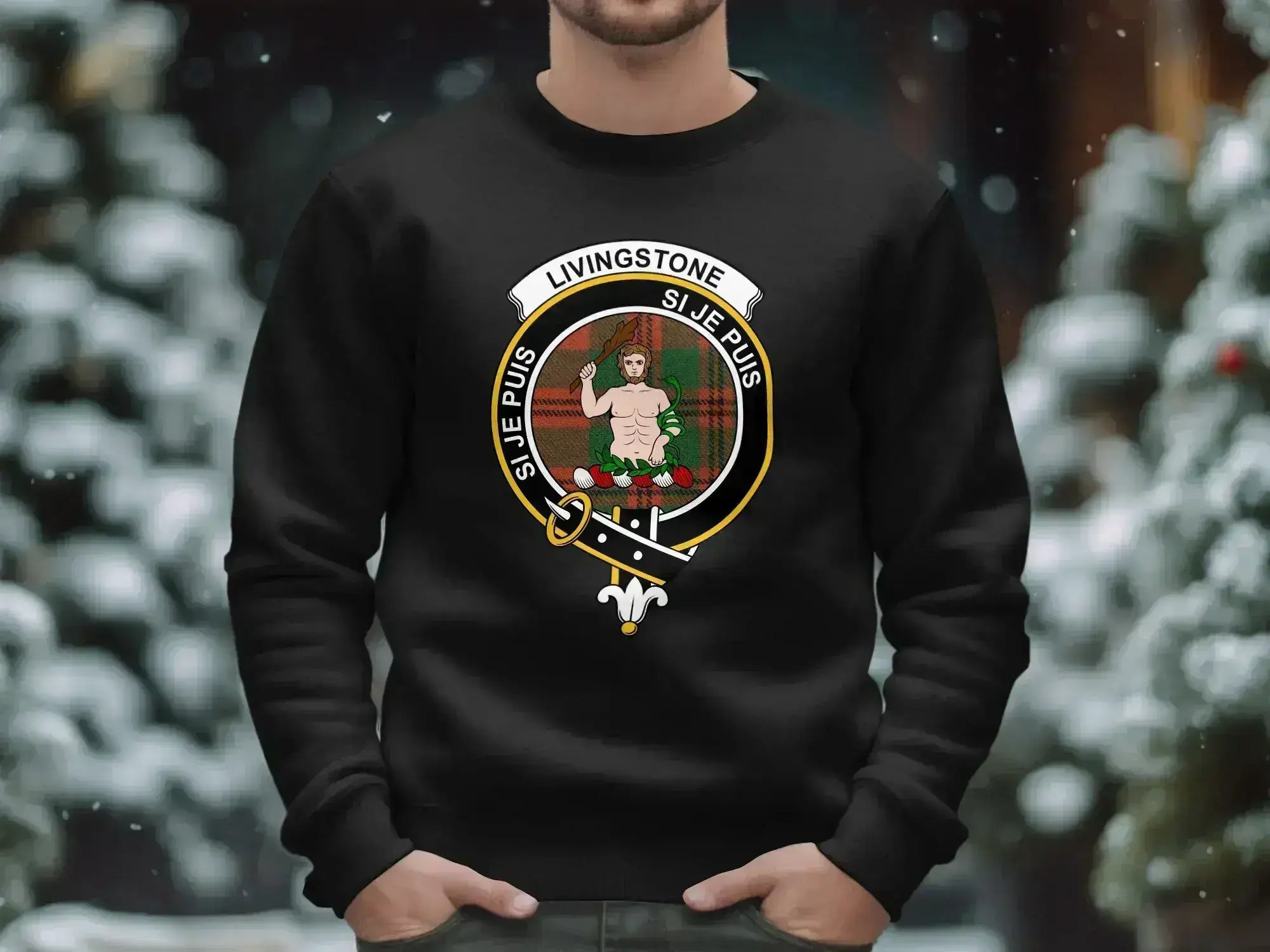 Livingstone clan heritage sweatshirt — black crewneck with printed crest and Si Je Puis motto