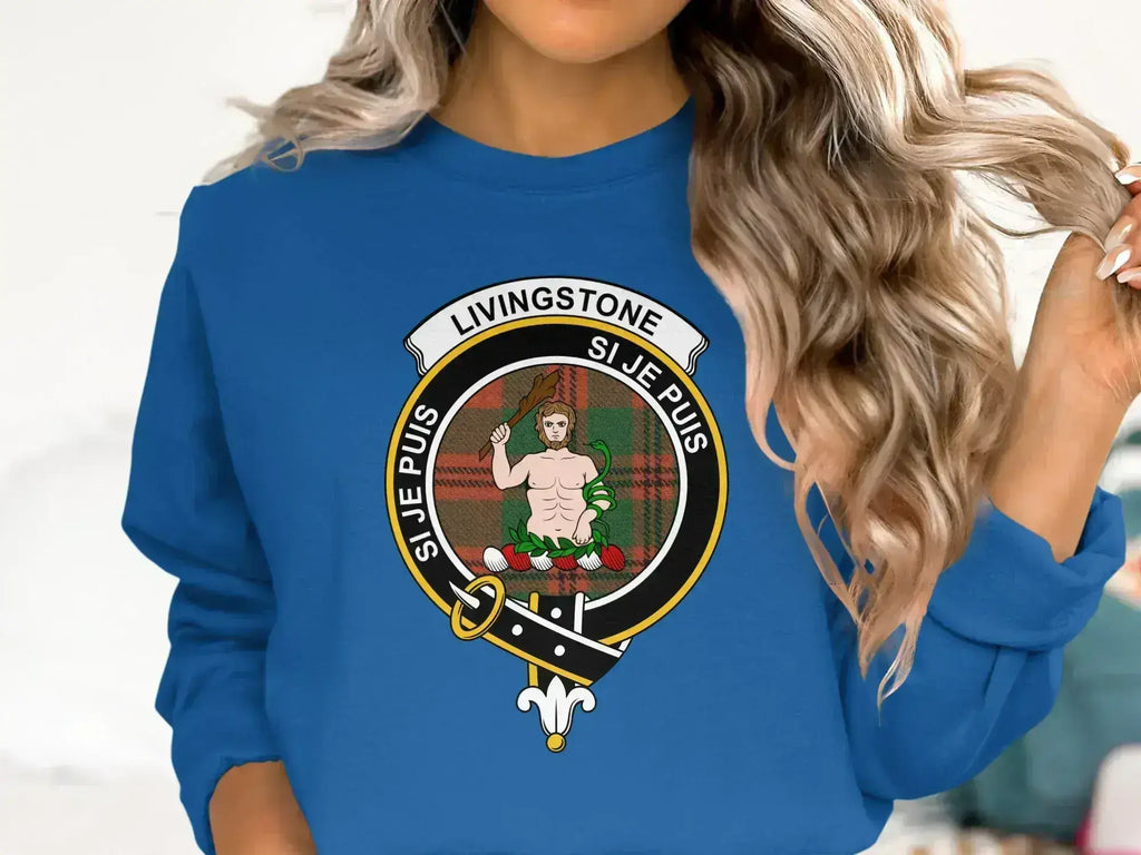 Livingstone crest sweatshirt — royal blue crewneck with printed clan crest front and centre