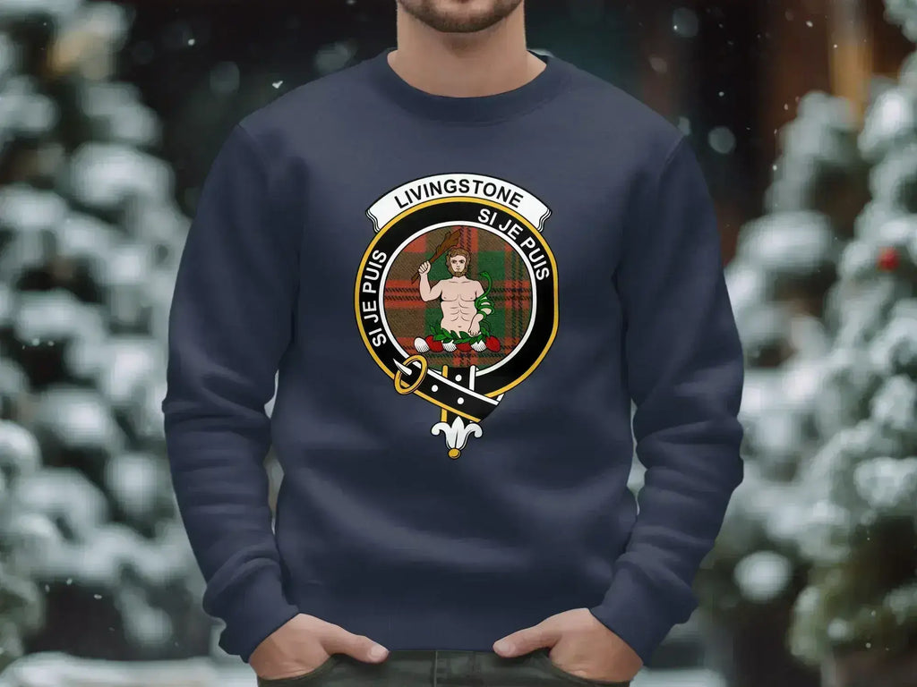 Livingstone clan crest sweatshirt — forest green crewneck, size and colour options shown