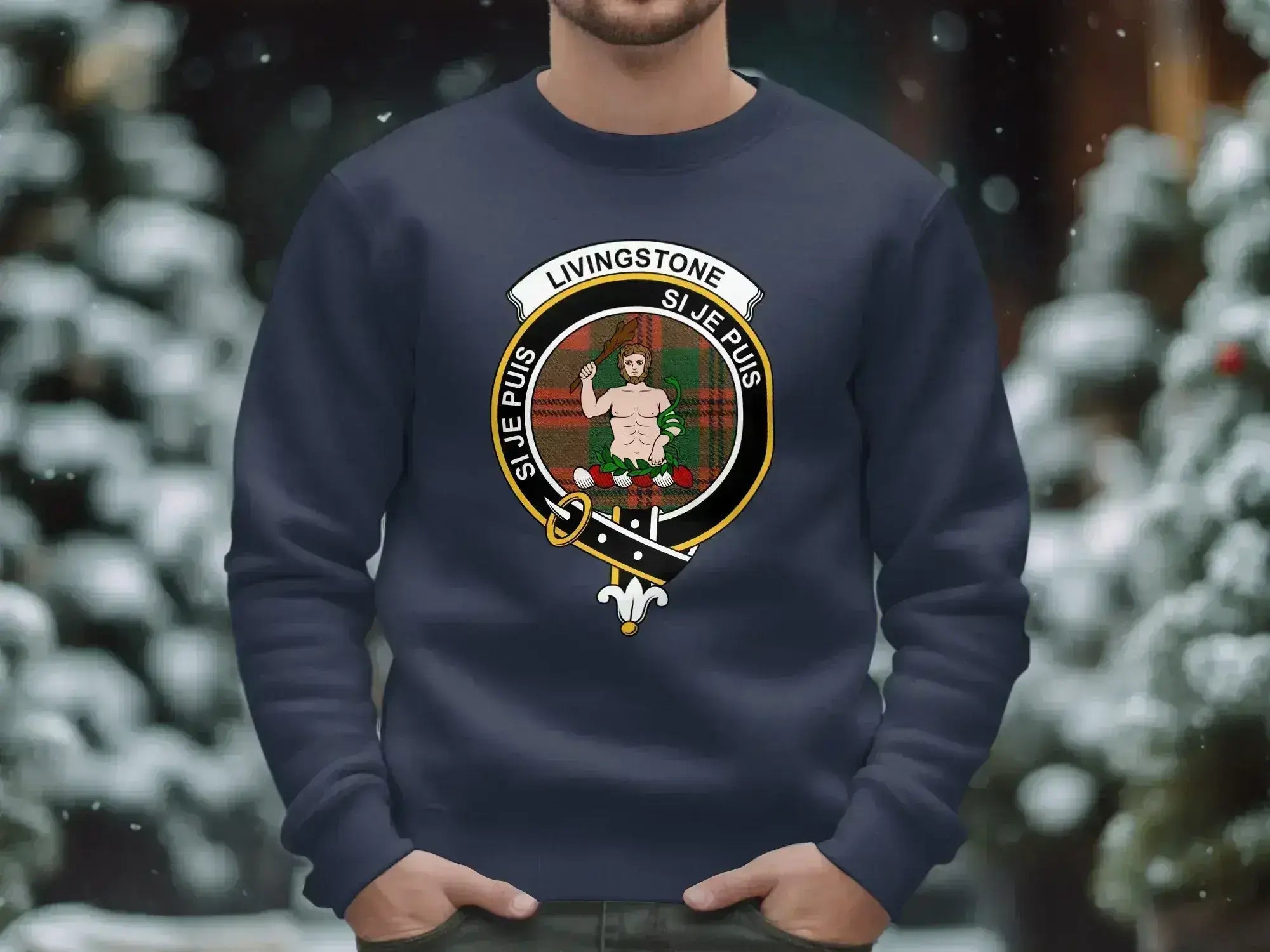 Livingstone clan crest sweatshirt — forest green crewneck, size and colour options shown