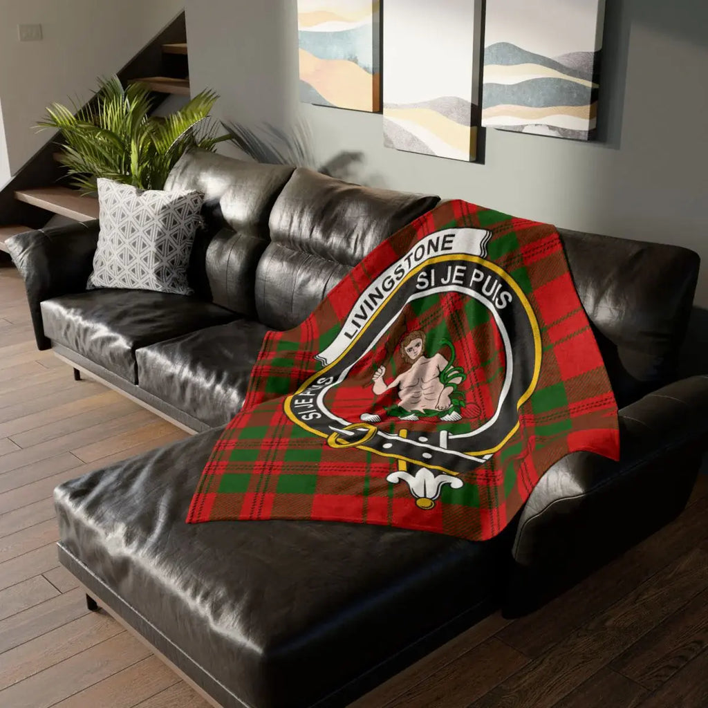 Clan Livingstone tartan throw blanket — 50x60 inch with Si Je Puis crest design, lightweight polyester