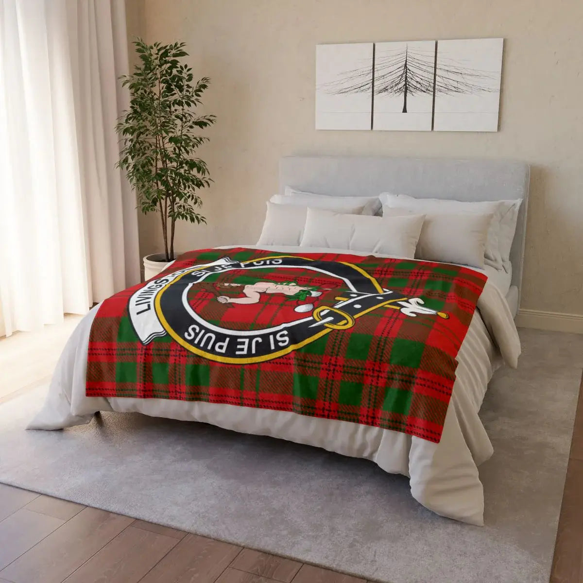 Clan Livingstone crest throw — draped view showing full tartan and clan crest print, hemmed edges