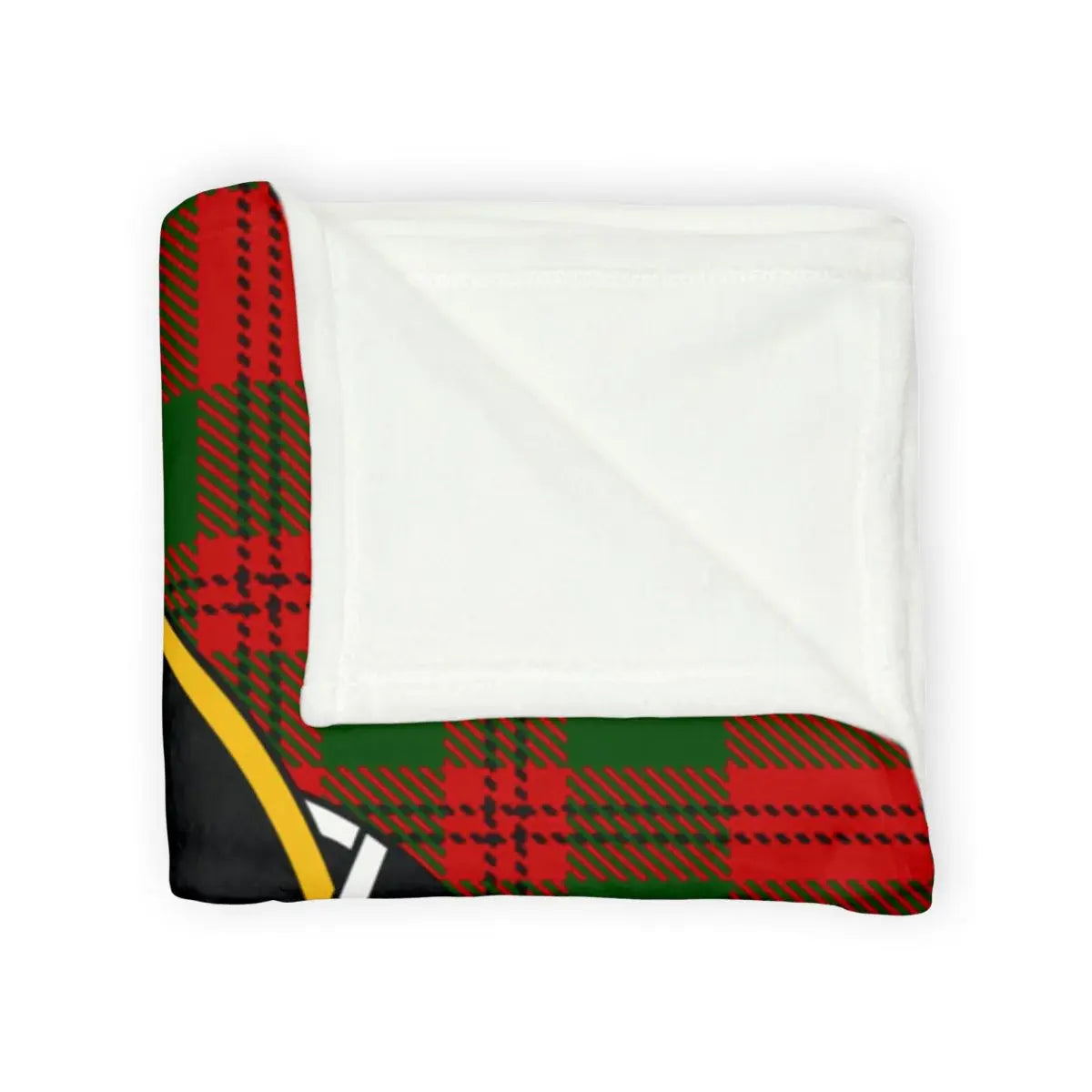 Clan Livingstone tartan throw blanket — red and green colourway showing Si Je Puis crest, white reverse