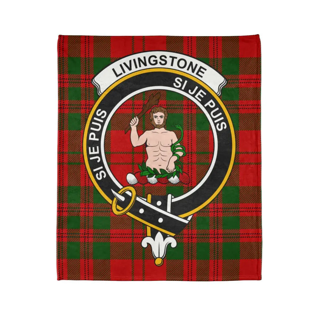 Clan Livingstone crest throw blanket — folded view showing tartan pattern and Si Je Puis motto