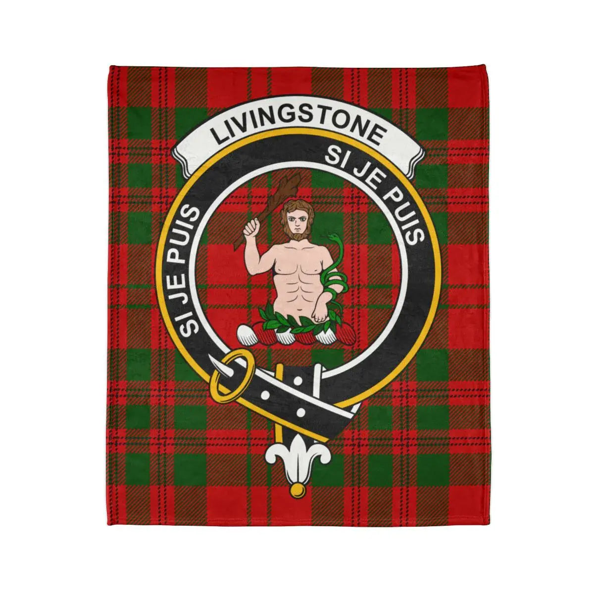 Clan Livingstone crest throw blanket — folded view showing tartan pattern and Si Je Puis motto