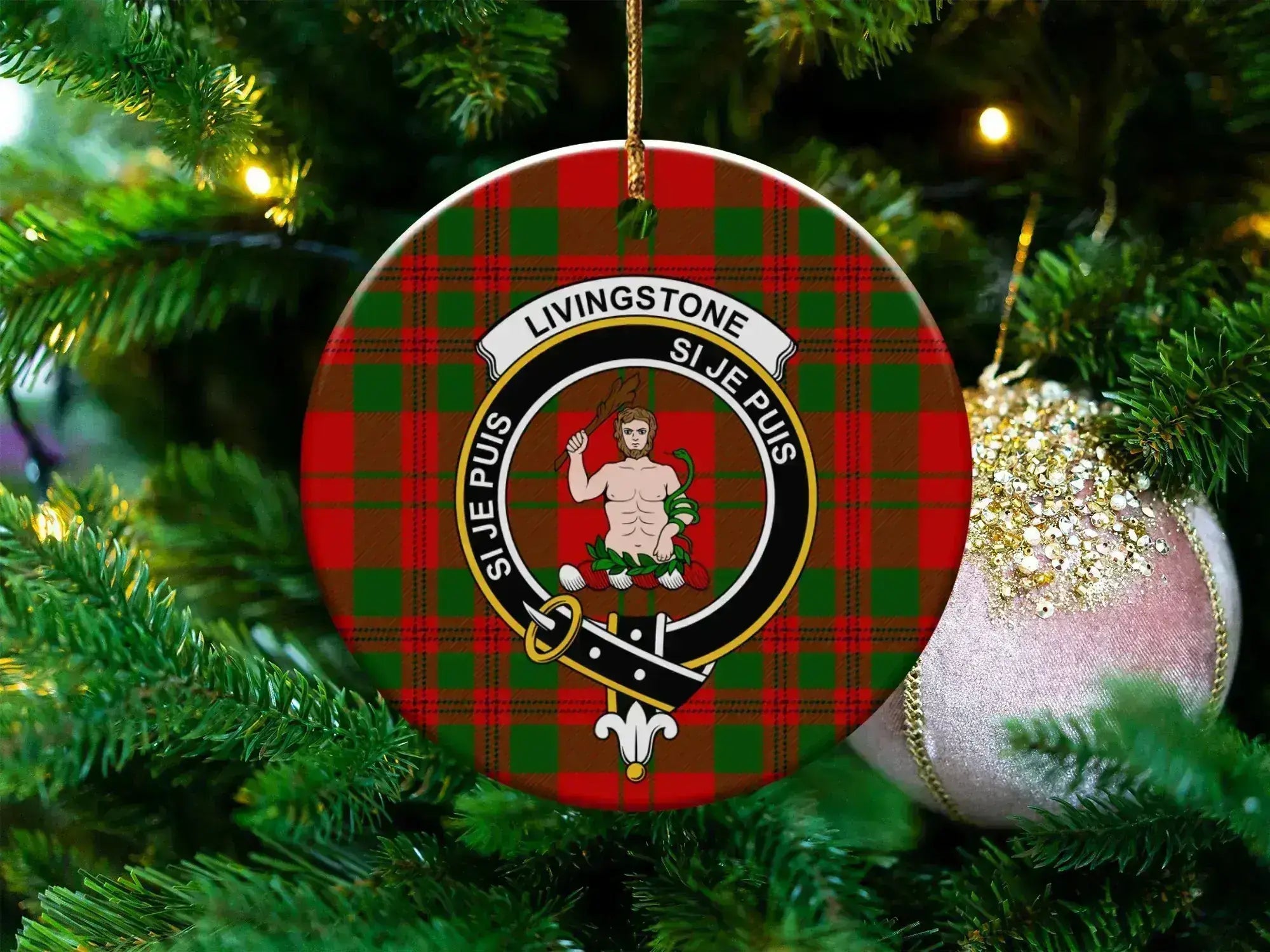 Clan Livingstone tartan crest ceramic ornament — 3 inch round, double-sided UV print with gold hanging string