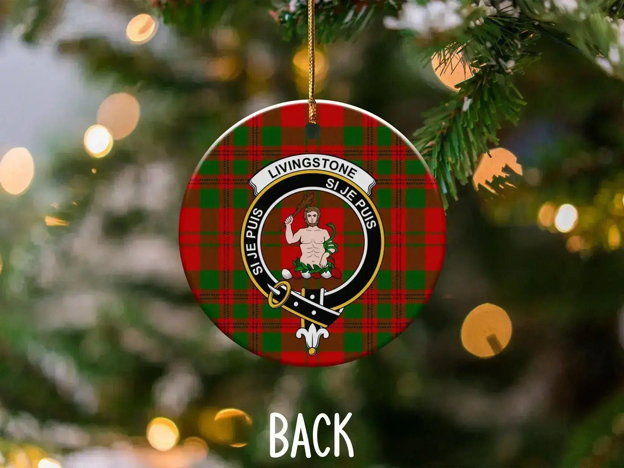 Clan Livingstone ornament — front face showing crest and Si Je Puis motto on tartan background