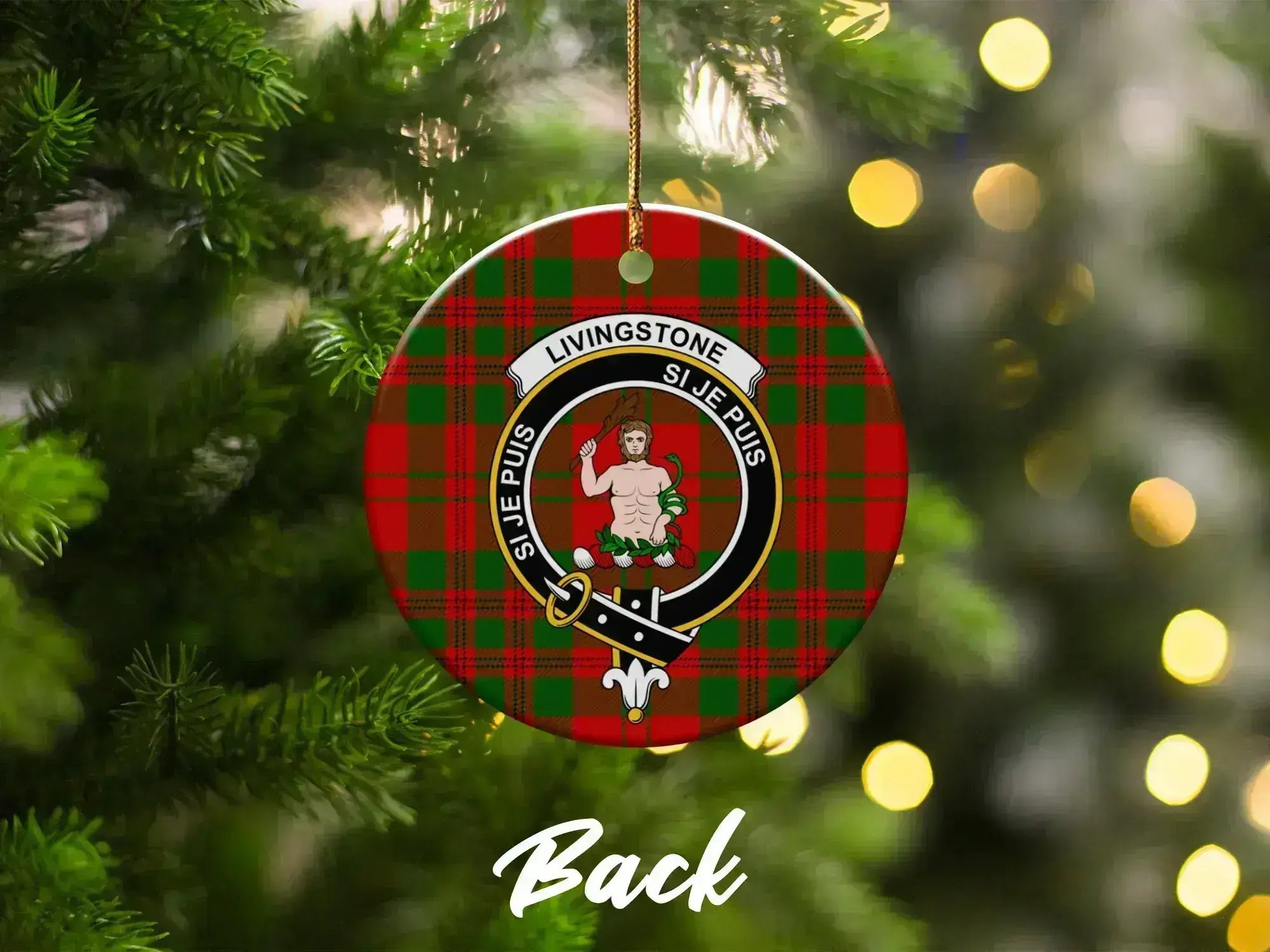Clan Livingstone tartan crest ornament — hanging on Christmas tree, ceramic double-sided print