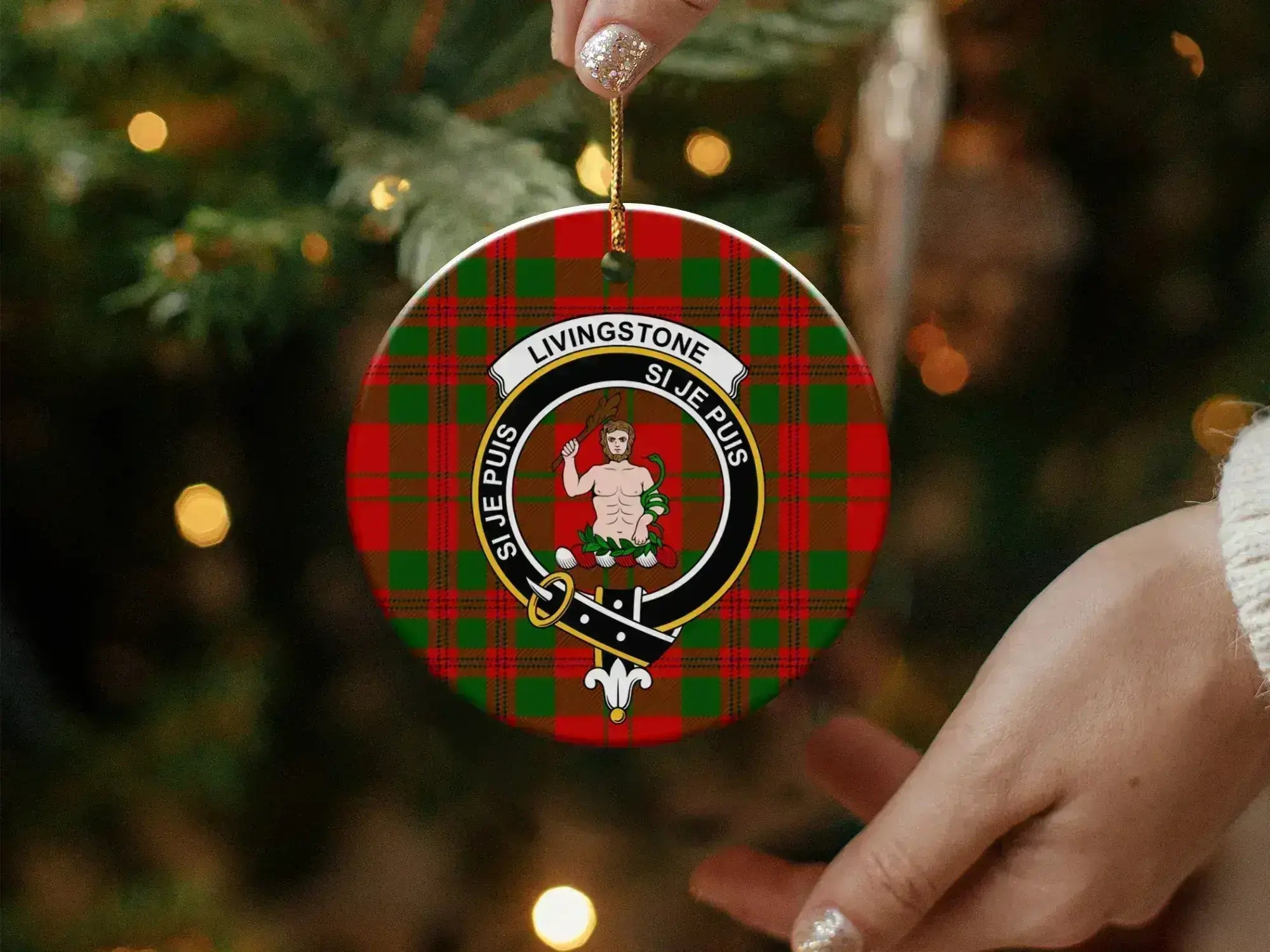 Clan Livingstone ceramic ornament — round 3 inch, showing tartan crest design and pre-drilled hole