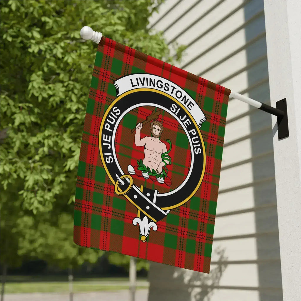 Clan Livingstone tartan garden flag — Si Je Puis crest design, 12x18 inch outdoor display on poly poplin-canvas