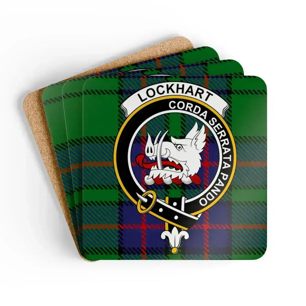 Clan Lockhart tartan crest coaster set — Corda Serrata Pando on 3.75 inch square cork coaster