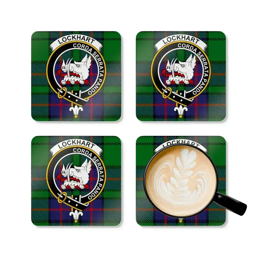 Clan Lockhart crest coaster — glossy full colour tartan design on square cork base