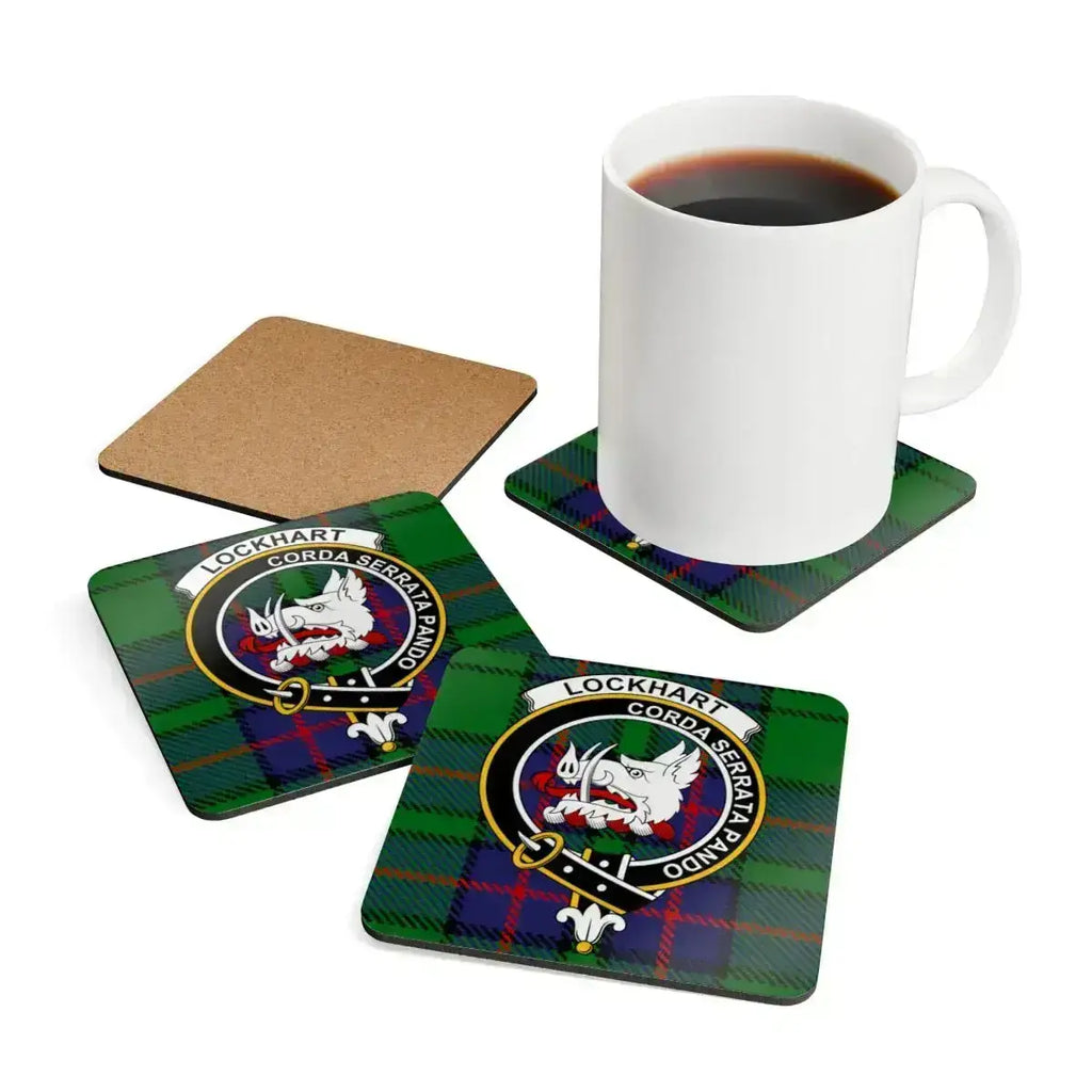 Clan Lockhart tartan coaster set — four coasters shown with boar's head crest and motto print