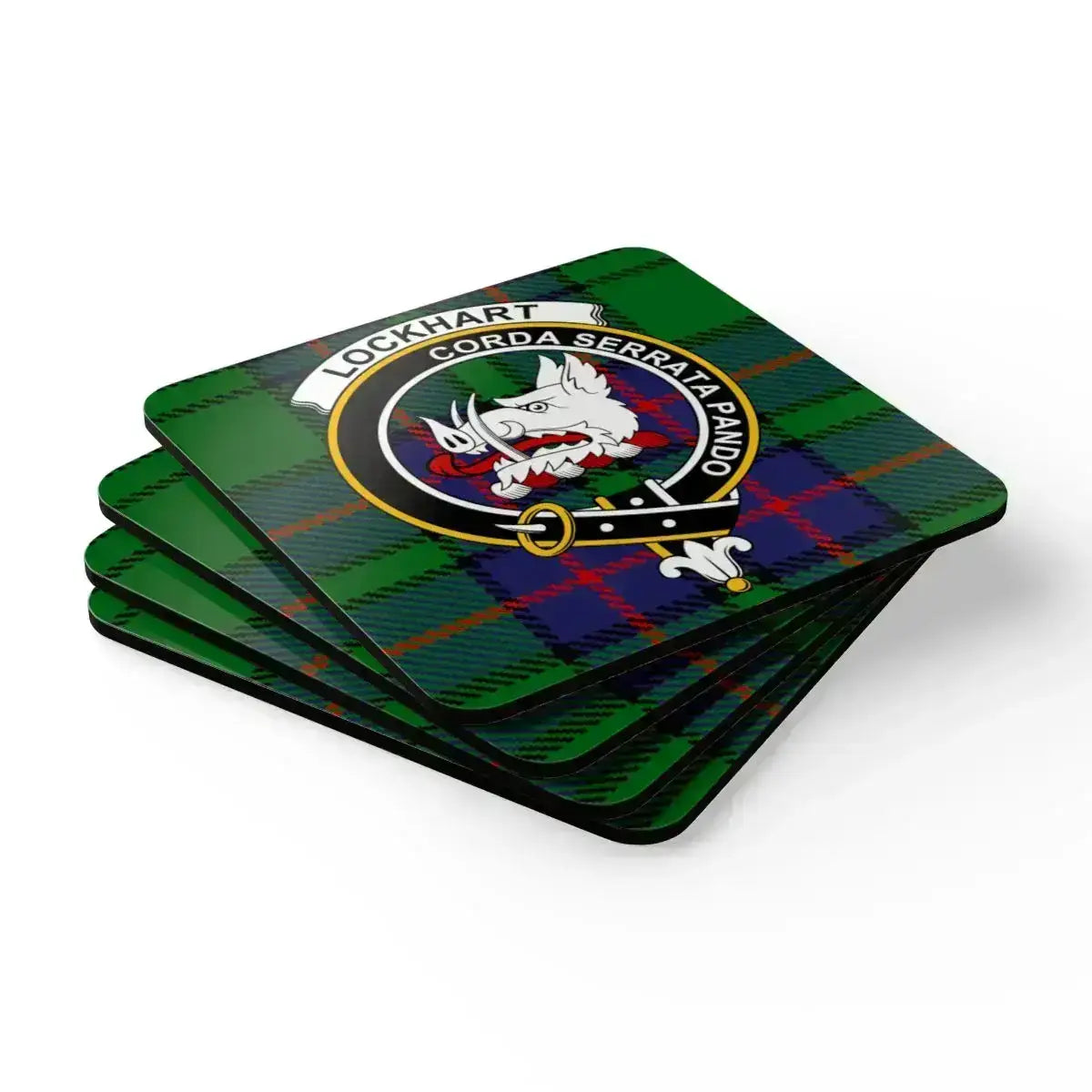Clan Lockhart crest coaster — green tartan colourway, 3.75 inch square cork with glossy print