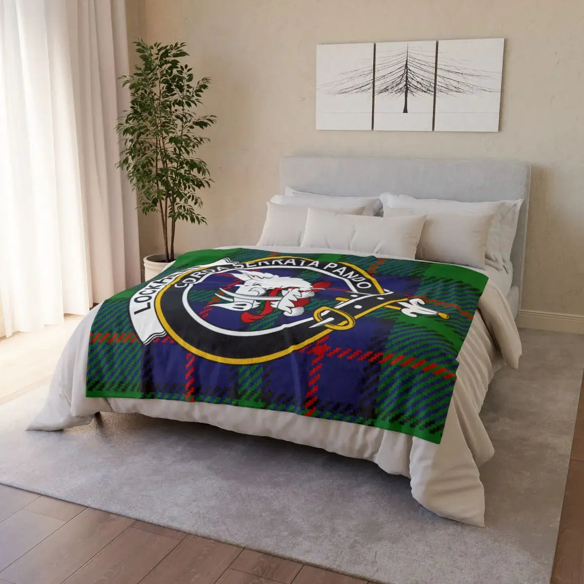 Clan Lockhart crest throw — draped view showing full tartan and boar's head crest print, hemmed edges