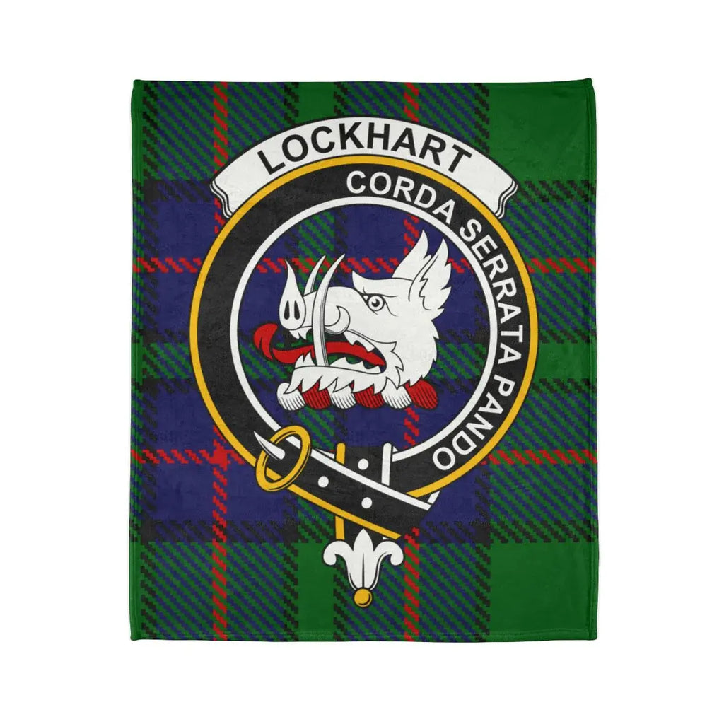 Clan Lockhart crest throw blanket — folded view showing tartan pattern and boar's head design
