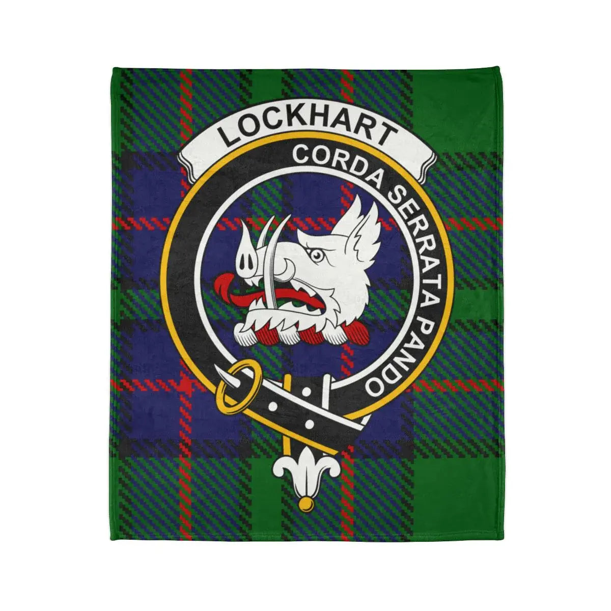 Clan Lockhart crest throw blanket — folded view showing tartan pattern and boar's head design