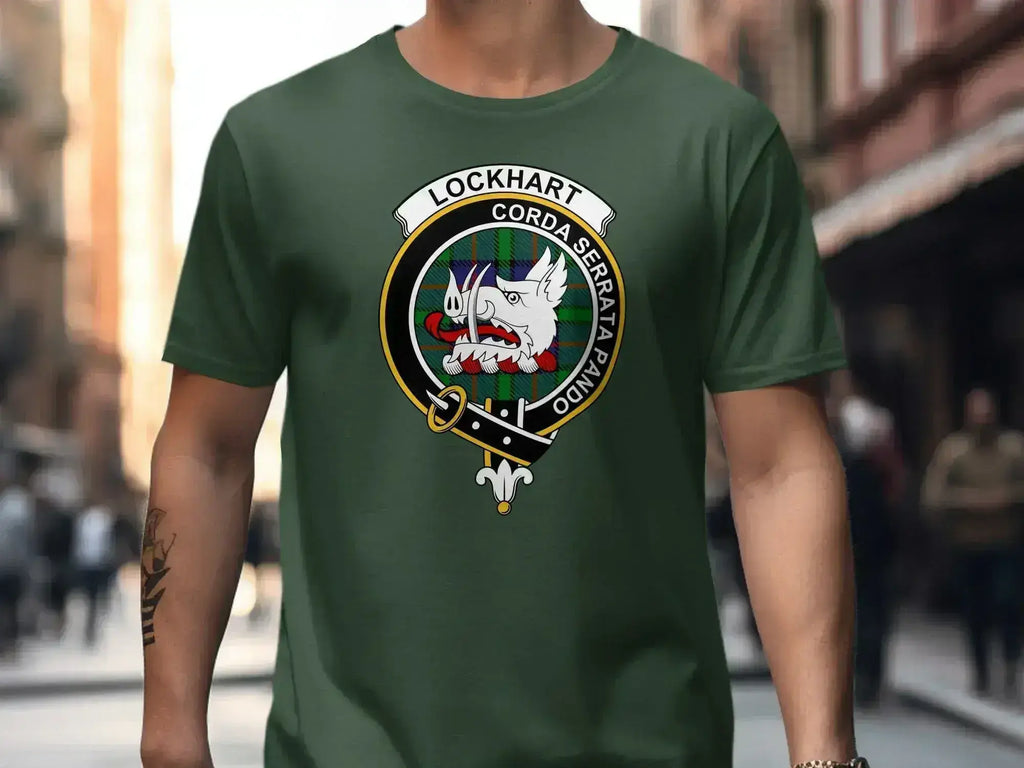 Lockhart clan crest t-shirt — black cotton, front view showing boar's head heraldic print
