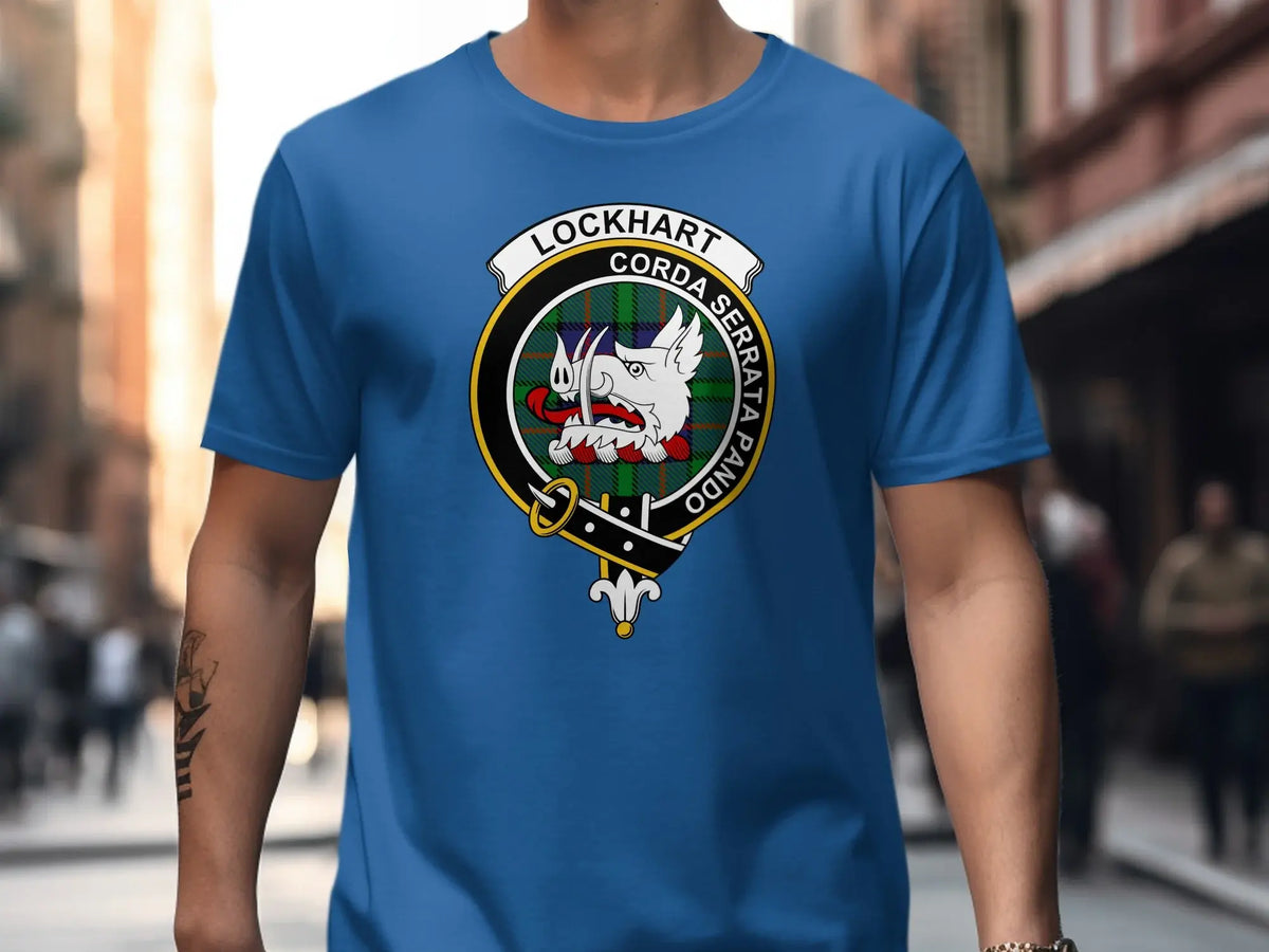 Lockhart clan crest t-shirt — lifestyle shot showing boar's head print, relaxed unisex fit
