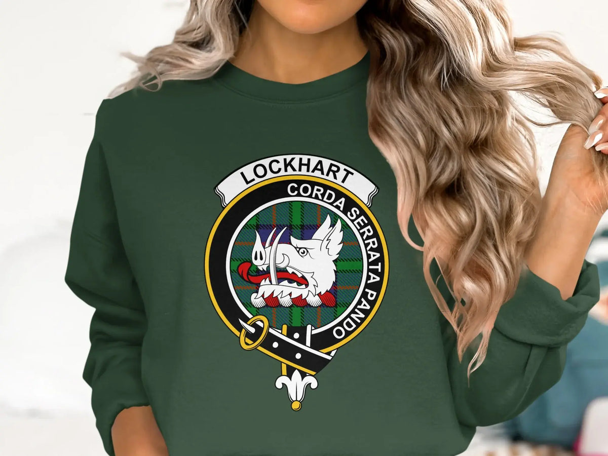 Lockhart clan crest sweatshirt — navy crewneck fleece with printed boar's head and Corda Serrata Pando