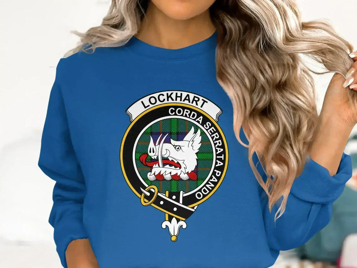 Lockhart clan crest sweatshirt — royal blue crewneck, printed heraldic emblem front and centre