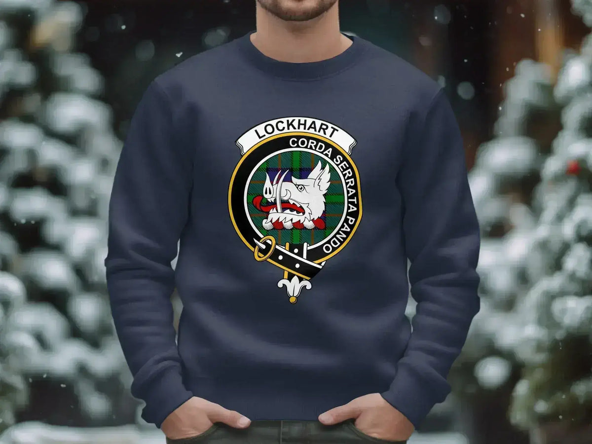 Lockhart tartan crest sweatshirt — forest green heavyweight fleece, ribbed cuffs and waistband