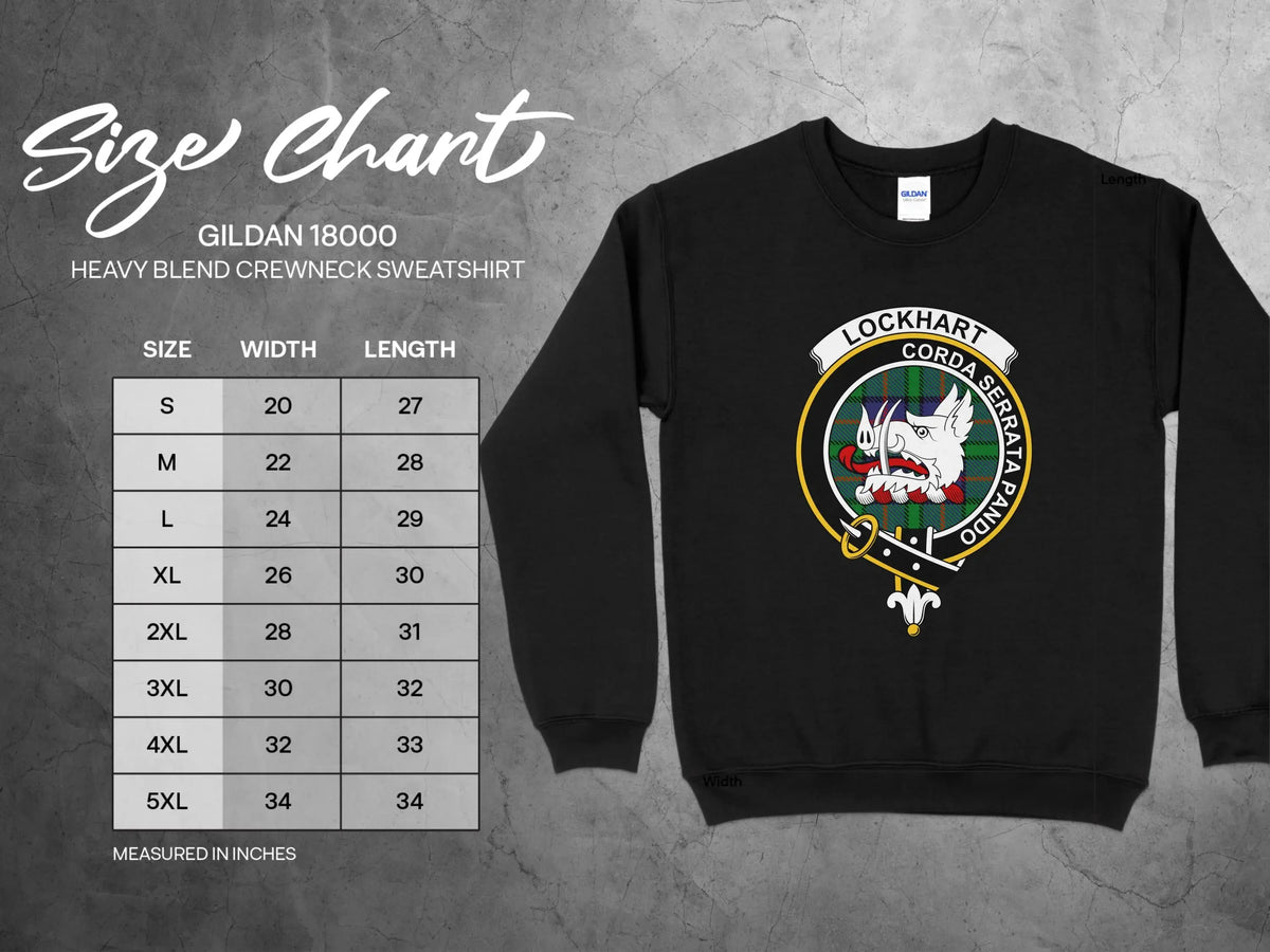 Lockhart clan crest sweatshirt — size and colour options, S through 3XL, navy, black, royal, forest green