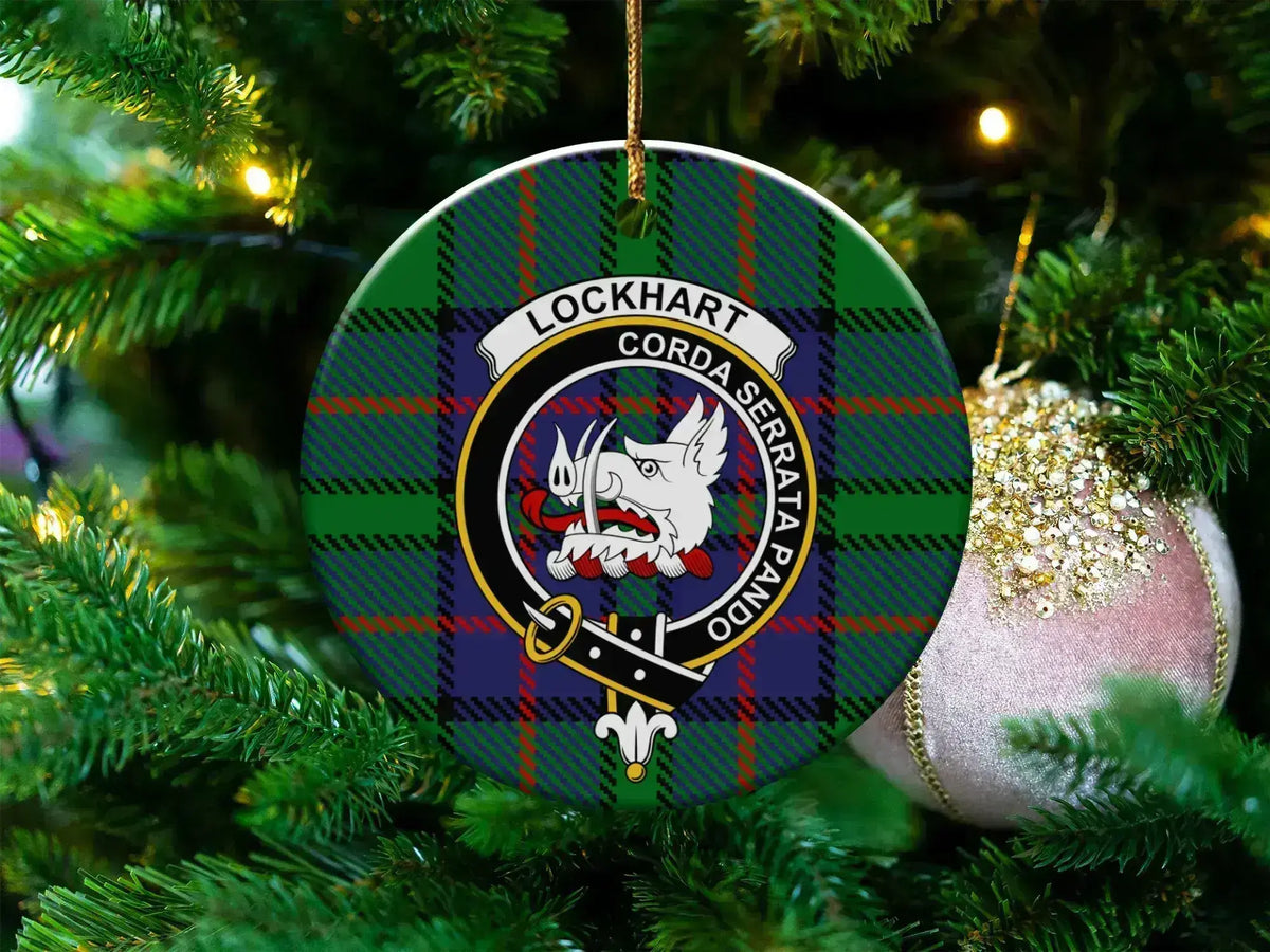 Clan Lockhart tartan crest ceramic ornament — 3 inch round, double-sided UV print with gold hanging string