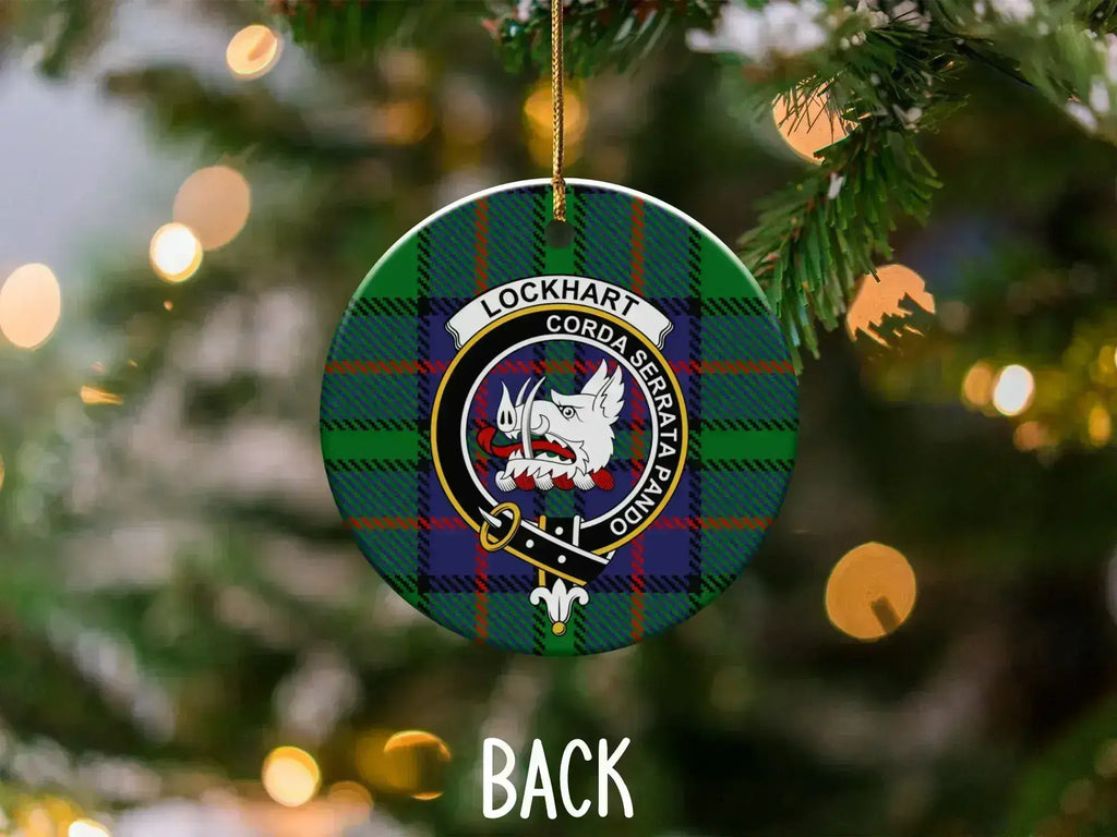 Clan Lockhart ornament — front face showing boar's head crest and Corda Serrata Pando on tartan