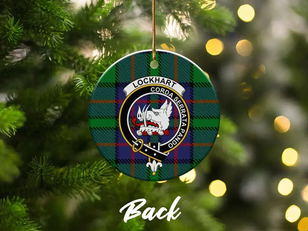 Clan Lockhart tartan crest ornament — hanging on Christmas tree, ceramic double-sided print