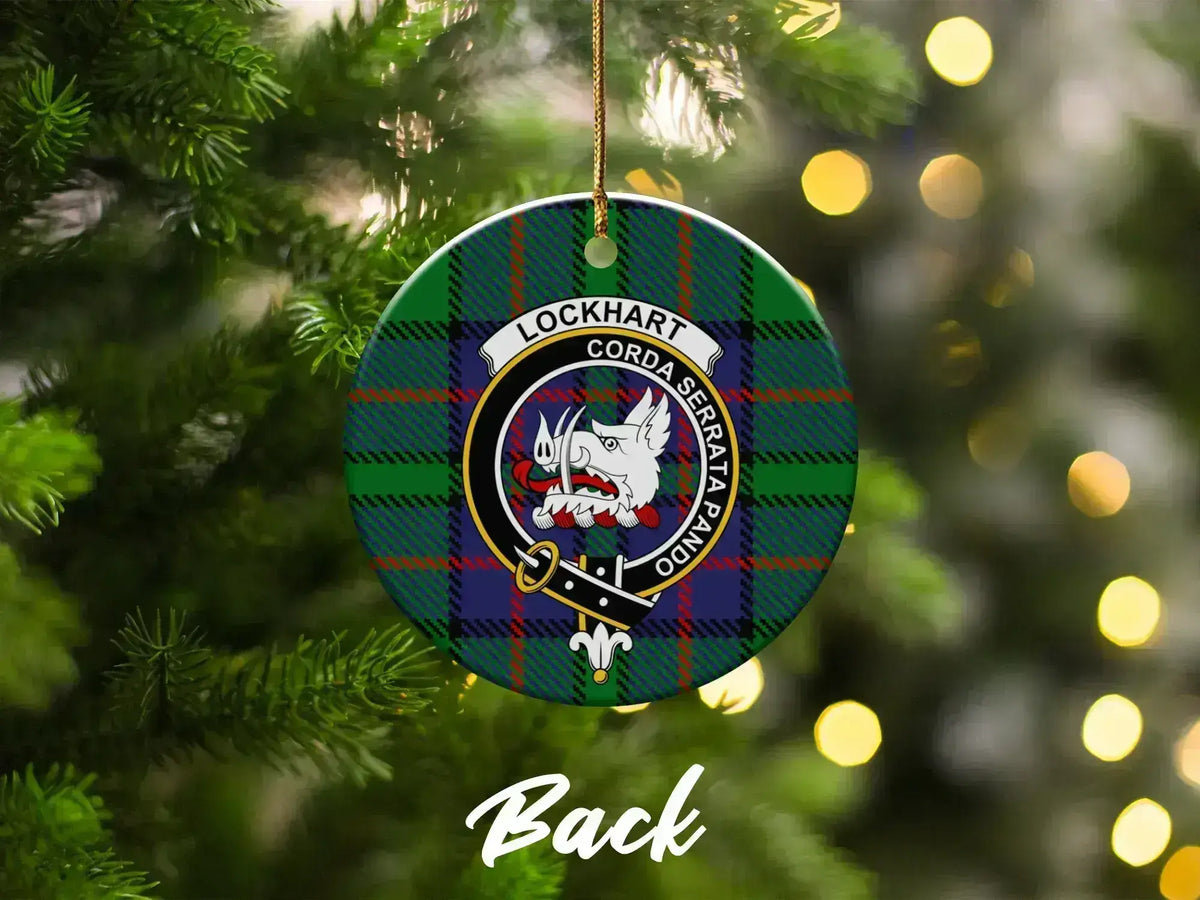 Clan Lockhart tartan crest ornament — hanging on Christmas tree, ceramic double-sided print