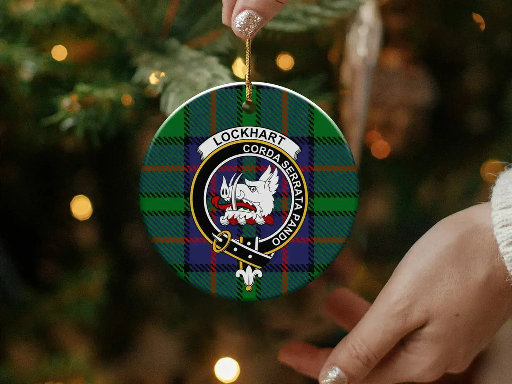 Clan Lockhart ceramic ornament — reverse side showing tartan design, 3 inch diameter