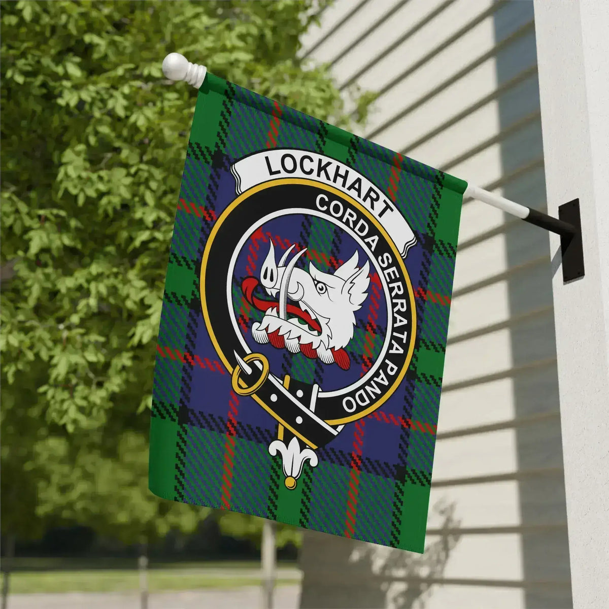 Clan Lockhart tartan garden flag — Corda Serrata Pando crest design, 12x18 inch poly poplin-canvas