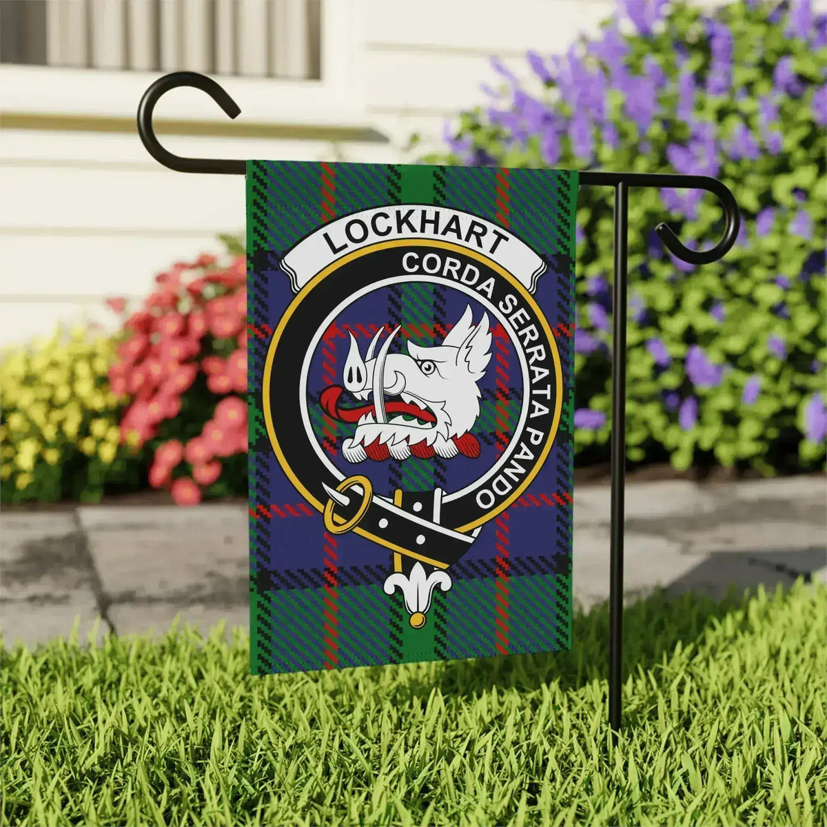 Clan Lockhart crest garden flag — full colour tartan print, 24.5x32 inch larger display size