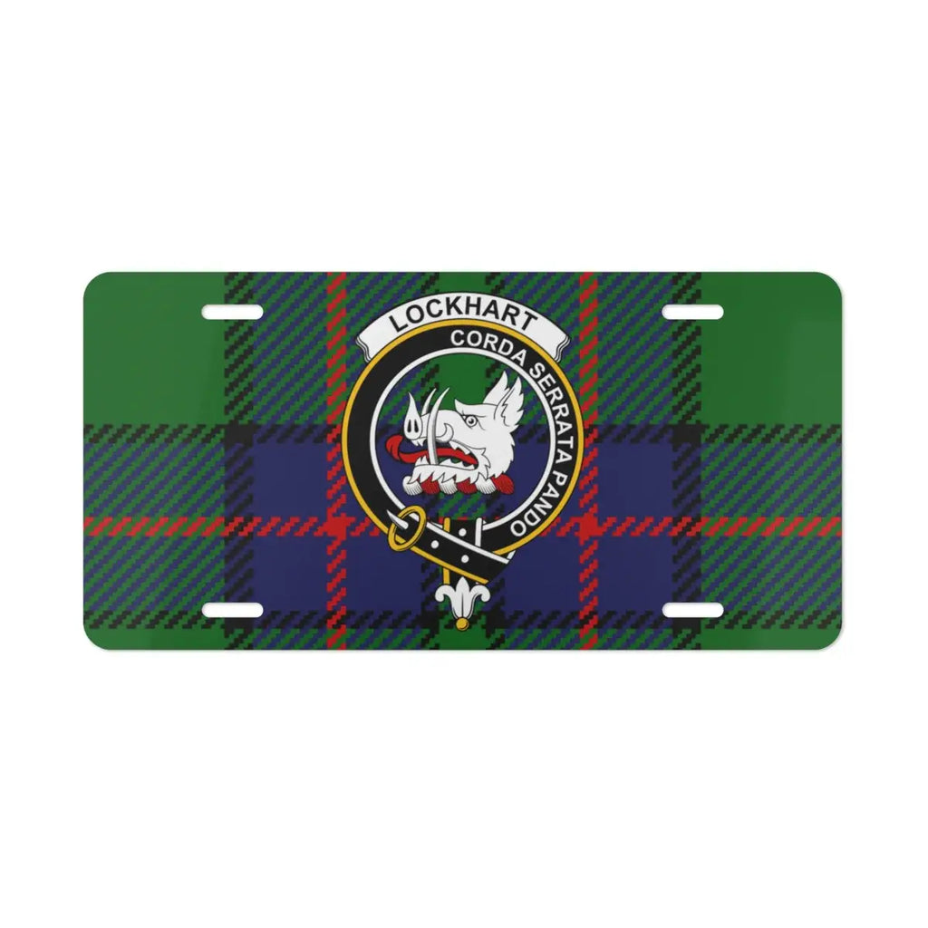 Clan Lockhart tartan crest novelty plate — standard 12x6 inch size shown on vehicle display