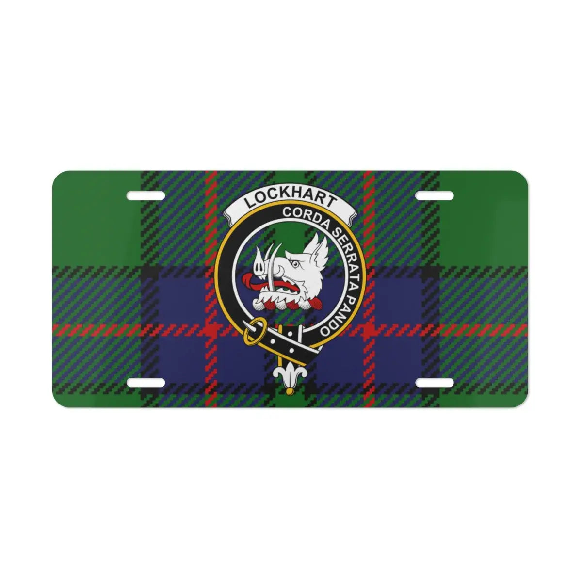 Clan Lockhart tartan crest novelty plate — standard 12x6 inch size shown on vehicle display