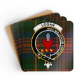 Logan clan crest tartan coaster set of 4 — natural cork squares with sealed Hoc Majorum Virtus design