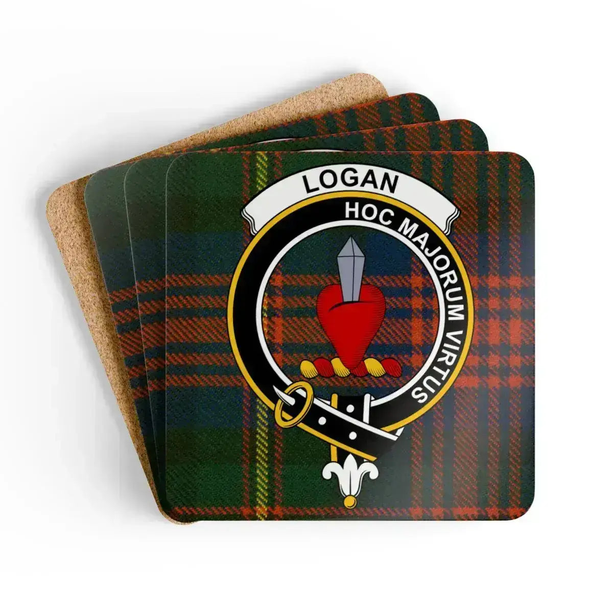 Logan clan crest tartan coaster set of 4 — natural cork squares with sealed Hoc Majorum Virtus design