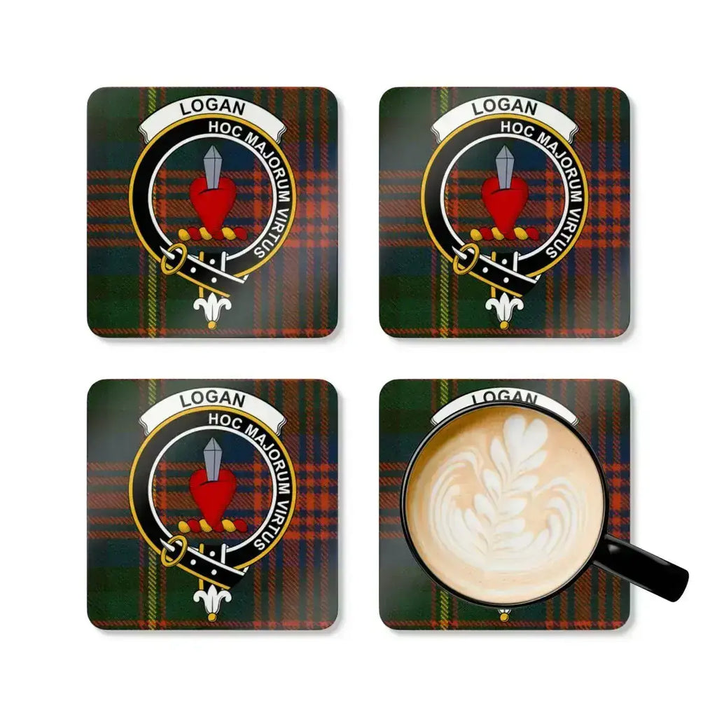 Logan clan tartan crest coasters set drinkware — four cork coasters with heraldic design