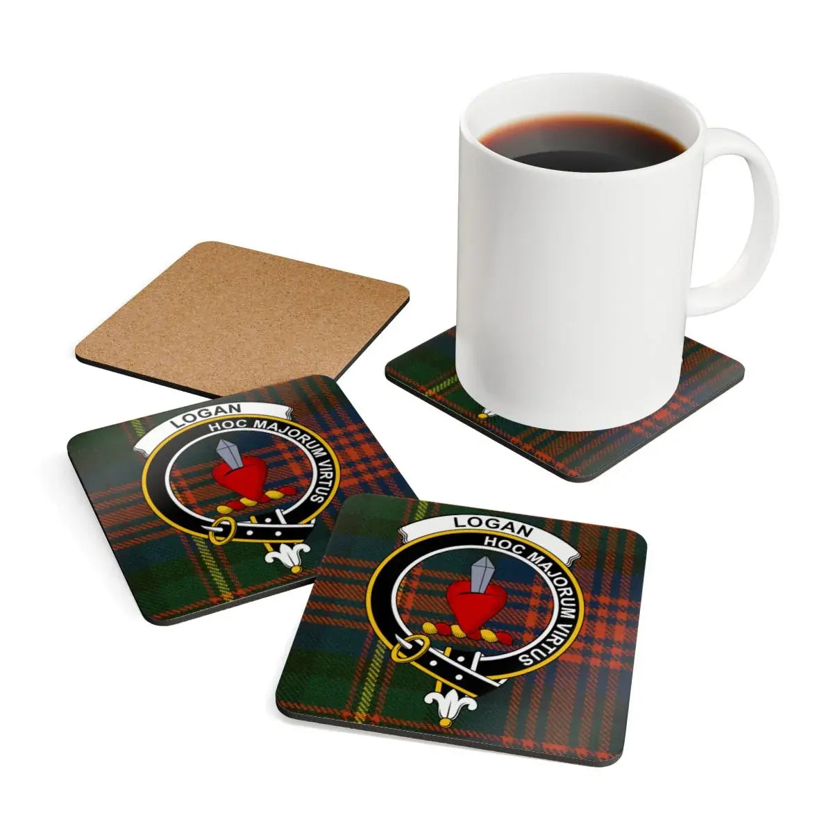 Logan clan crest tartan coasters — 3.75-inch corkwood with glossy sealed print
