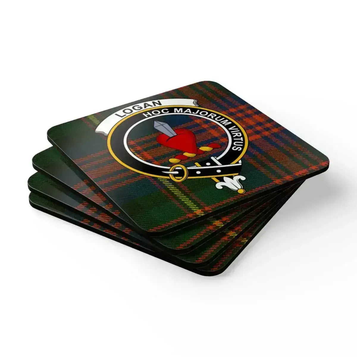 Logan clan crest Scottish tartan coasters set — natural cork base, glossy sealed print