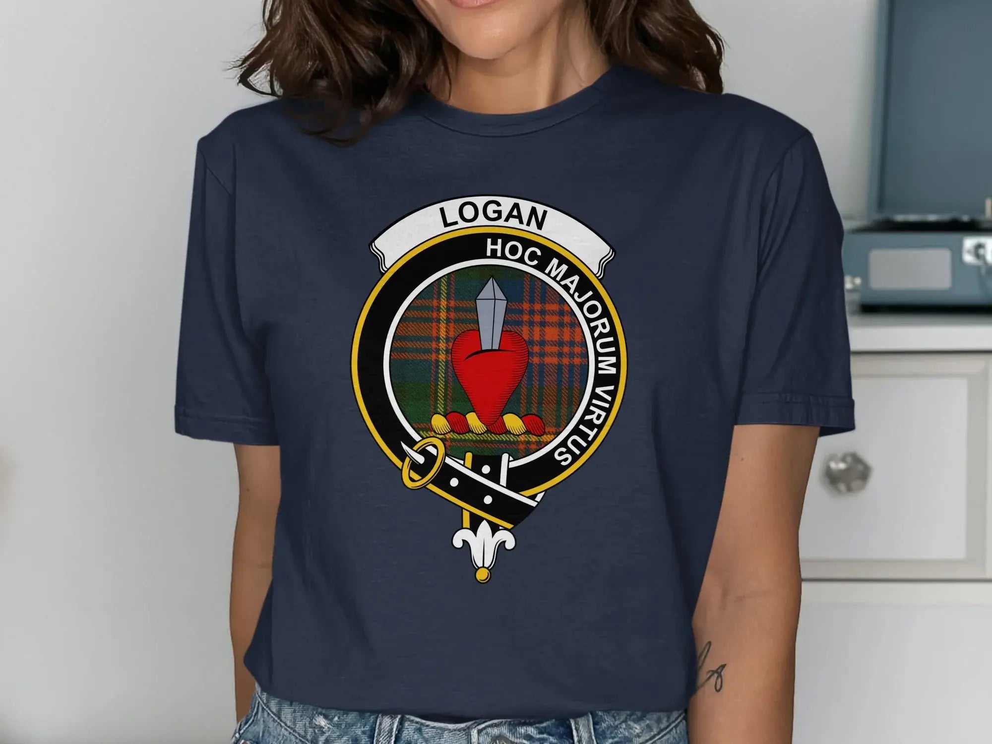 Logan Hoc Majorum Virtus heart crest t-shirt — clan design on cotton, unisex fit