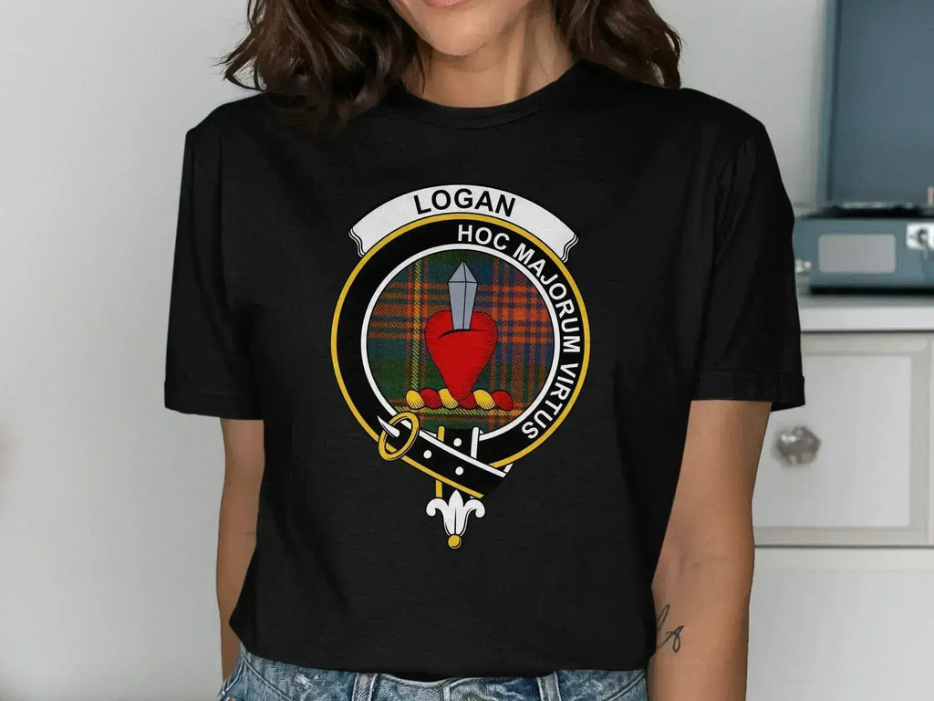 Logan clan crest emblem graphic t-shirt — Hoc Majorum Virtus heraldic design on cotton