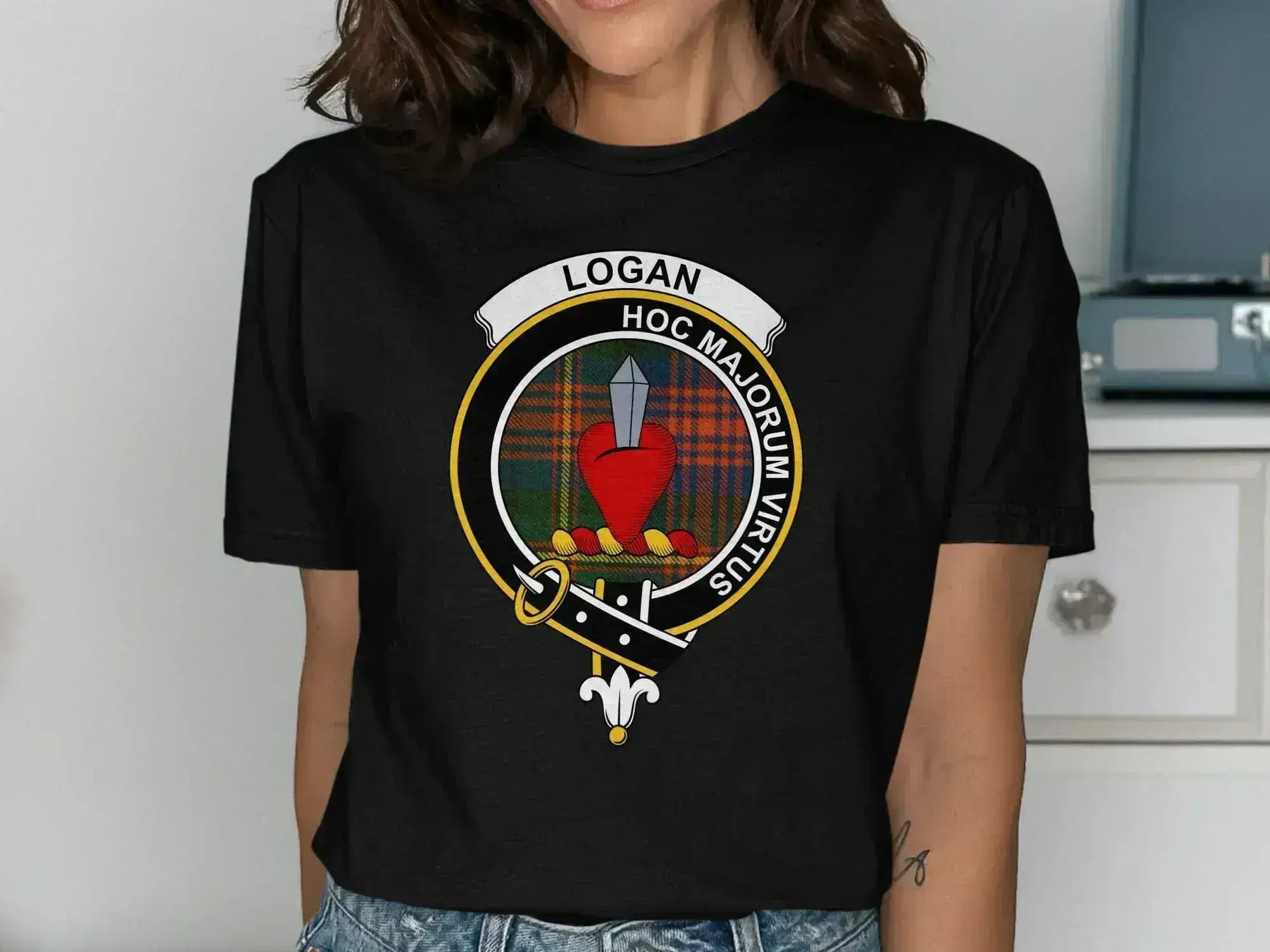 Logan clan crest emblem graphic t-shirt — Hoc Majorum Virtus heraldic design on cotton