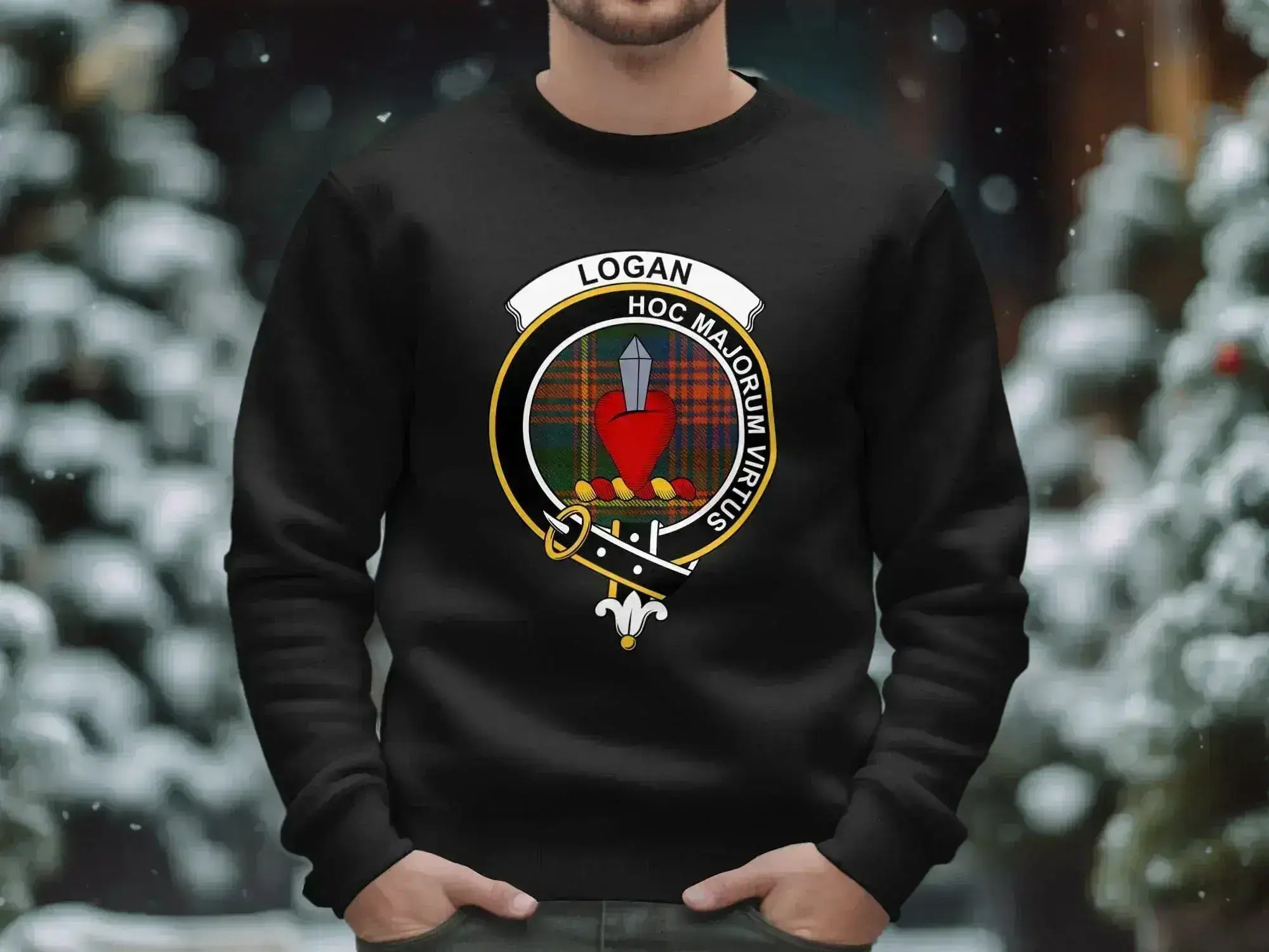 Logan Hoc Majorum Virtus black crewneck sweatshirt — clan crest on fleece
