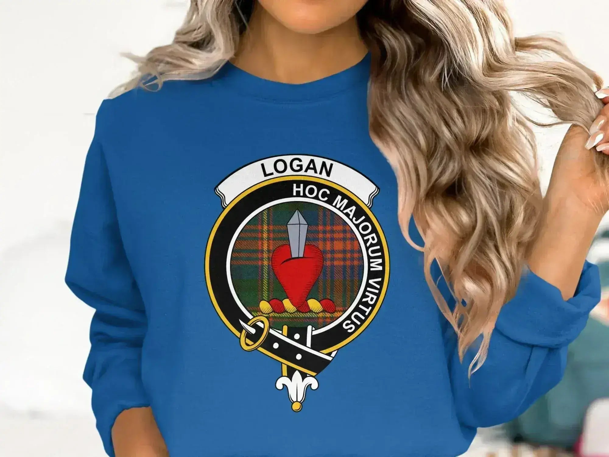 Logan clan crest design sweatshirt — Hoc Majorum Virtus heraldic on fleece