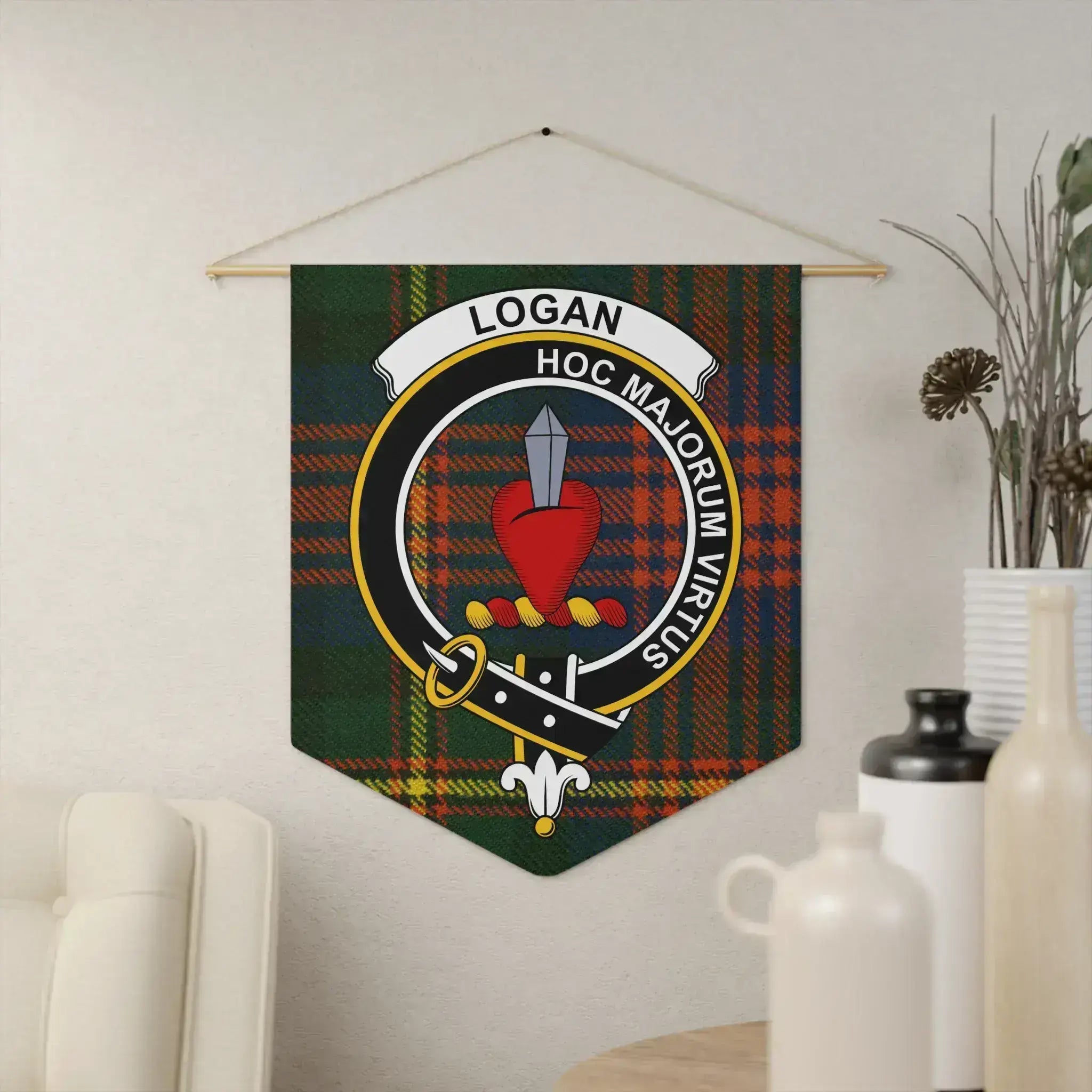 Logan clan crest plaid wall banner pennant — 18x21 polyester twill with clan heraldic design, wooden dowel